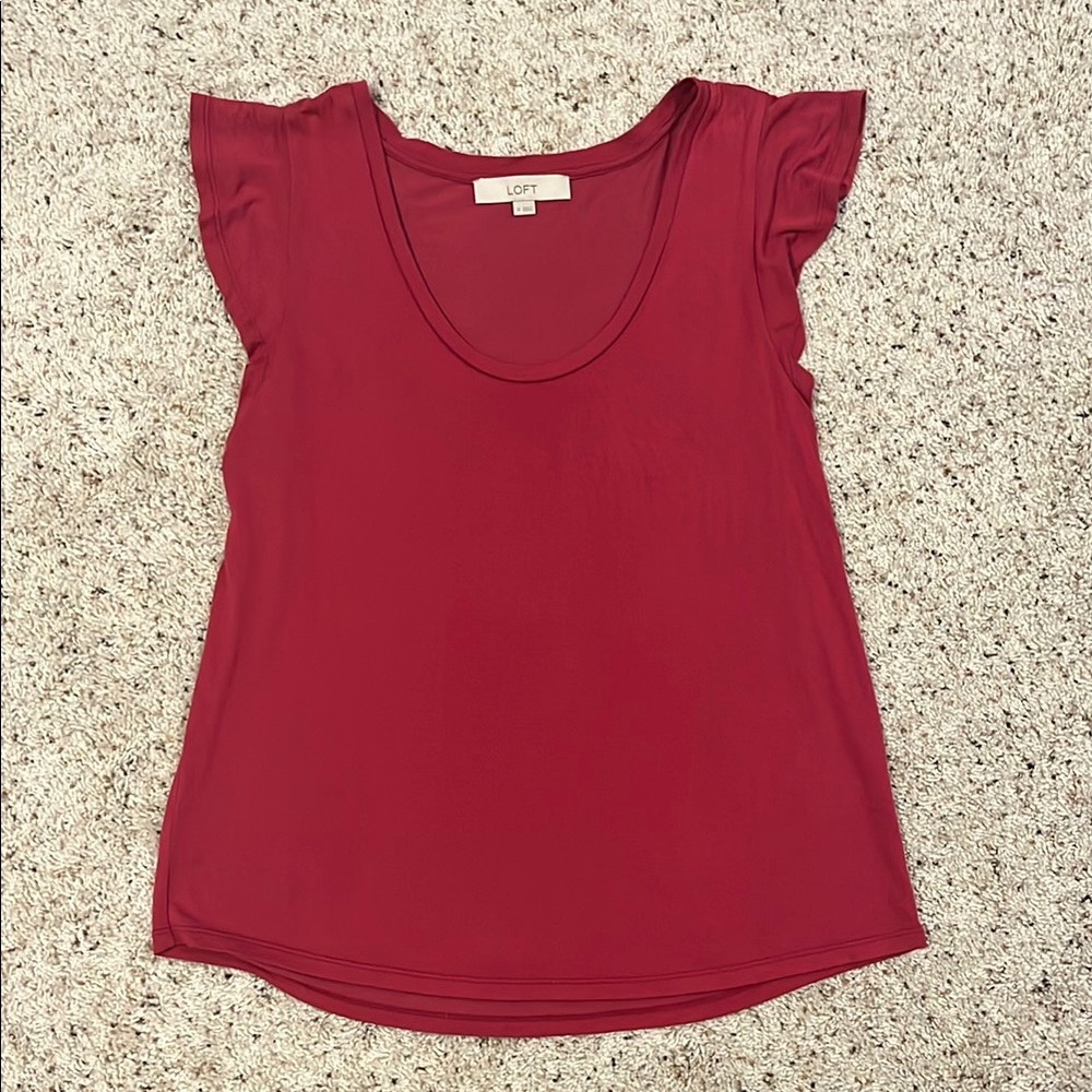 LOFT Red Flutter Sleeve Ruffled Blouse
